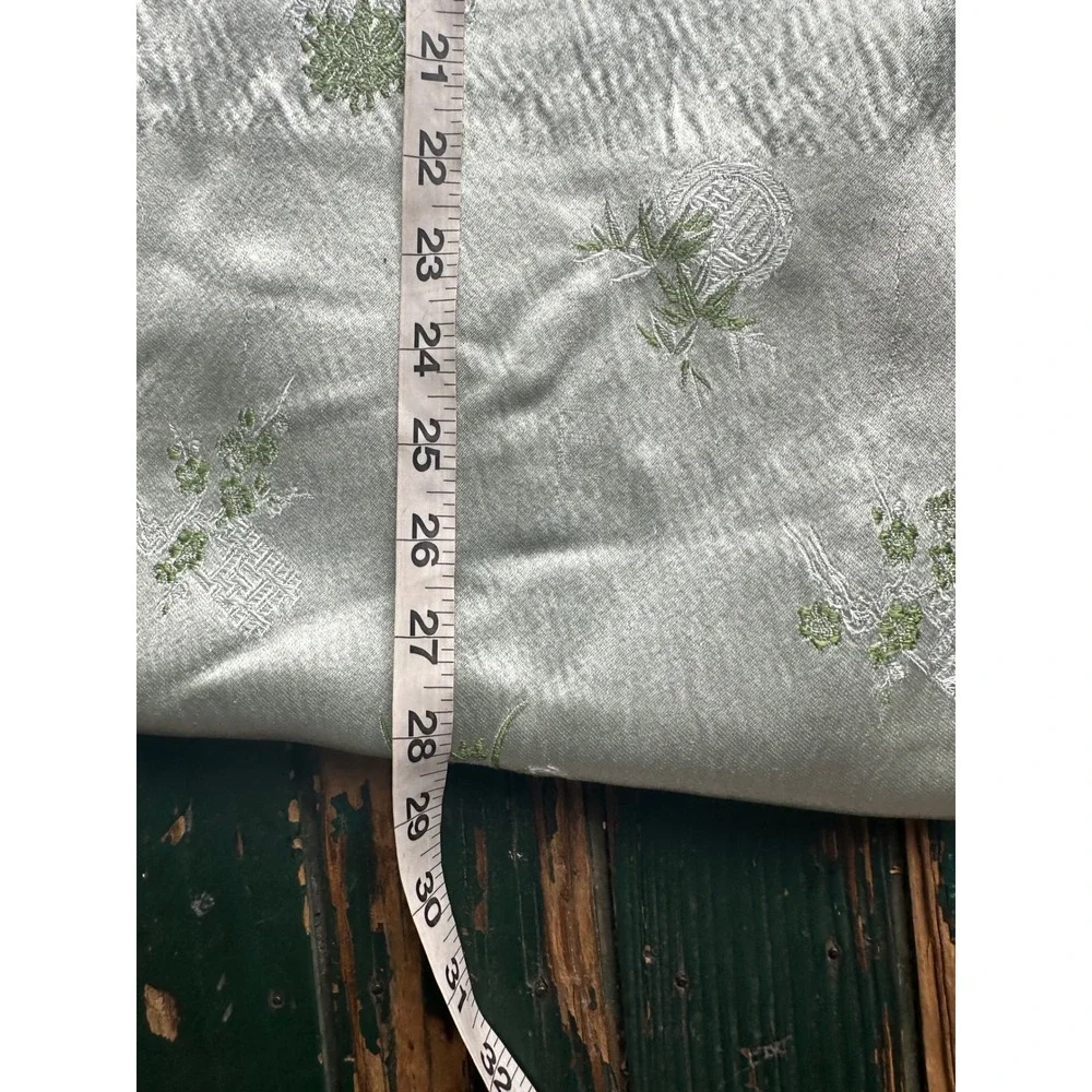 Vintage Chinese Silk Brocade Table Runner Sage Green Floral Bamboo Tassels 29x14